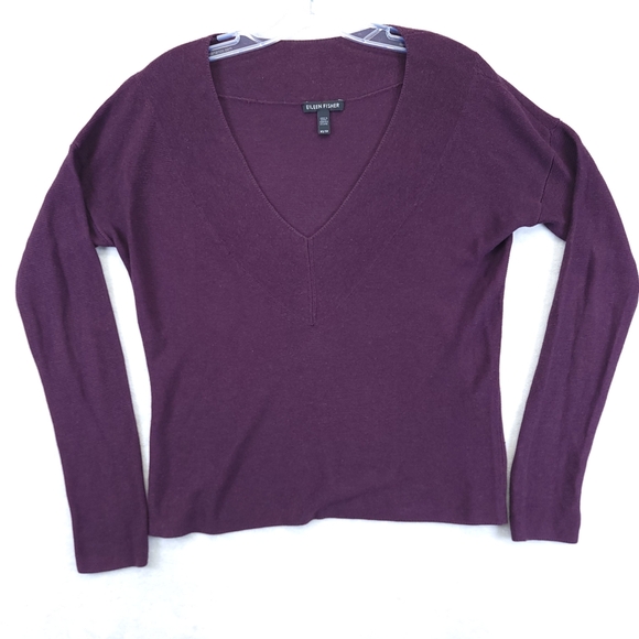 EILEEN FISHER Sweater Sz XS Silk Tencel V-Neck Cropped Pullover Stretch Purple - Picture 1 of 6